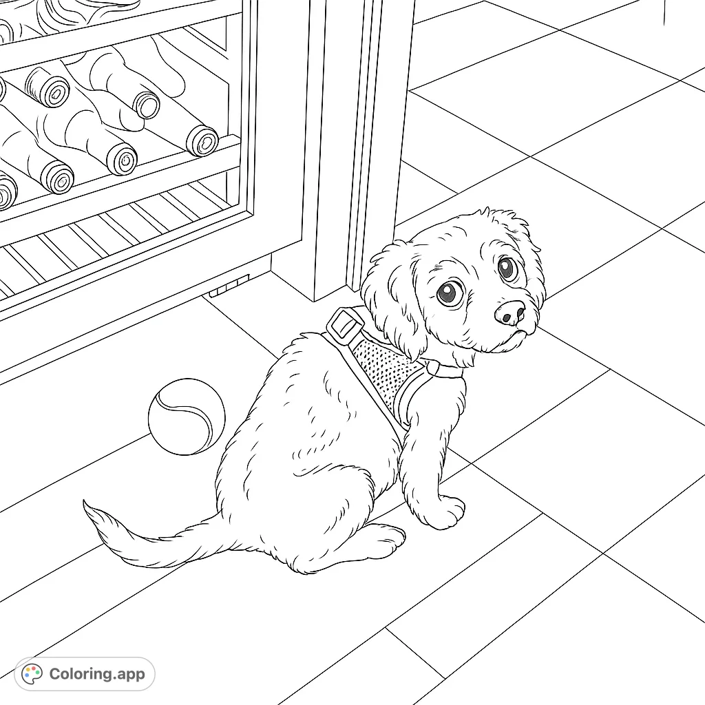 Color this charming puppy with its tennis ball and harness. A delightful scene for pet lovers to bring to life with their favorite shades.