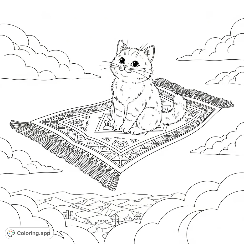 A charming cat takes to the skies on a patterned flying carpet, surrounded by fluffy clouds. A delightful scene for all ages.