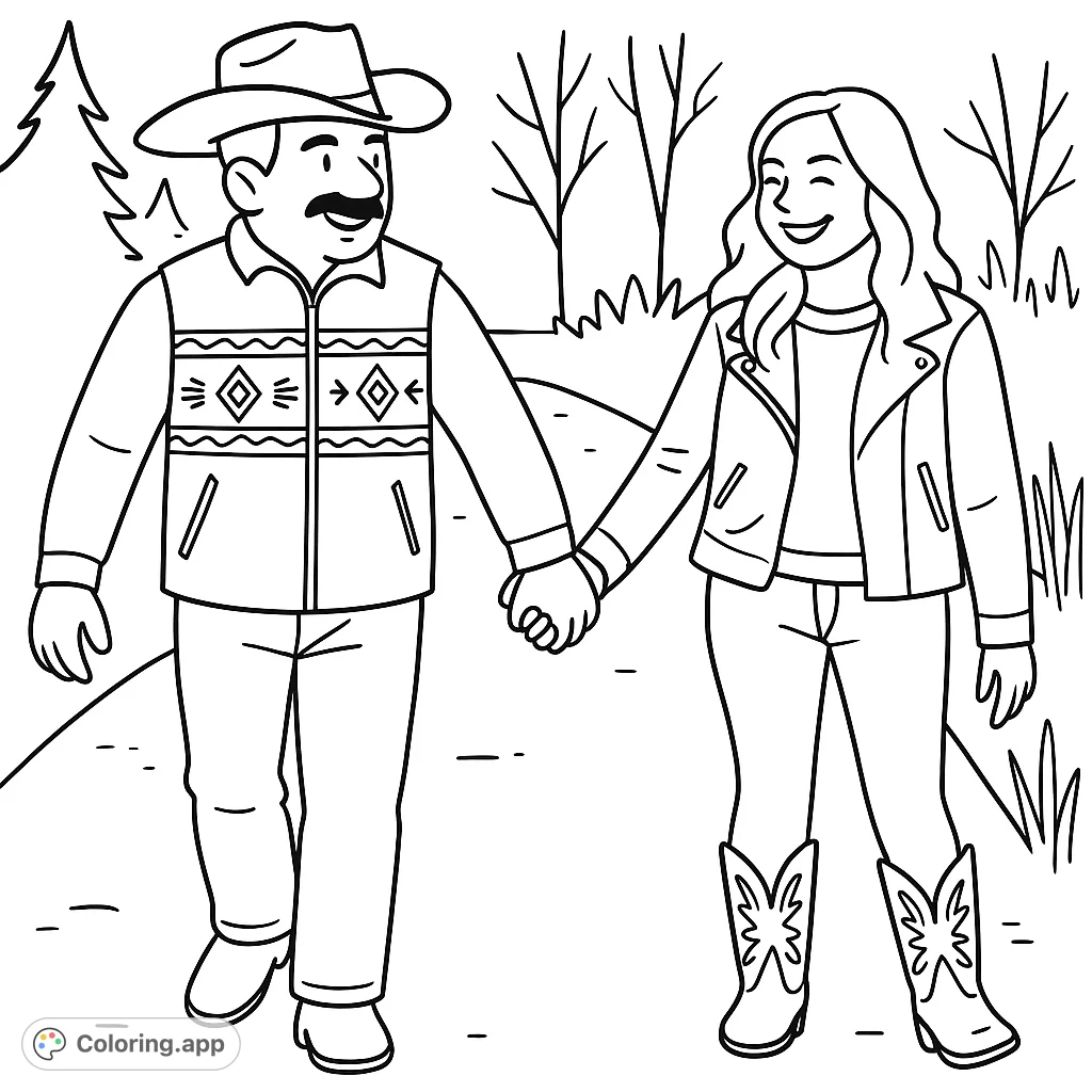A charming country couple walks hand-in-hand through a scenic field. Perfect for a relaxing coloring experience with a touch of rustic romance.