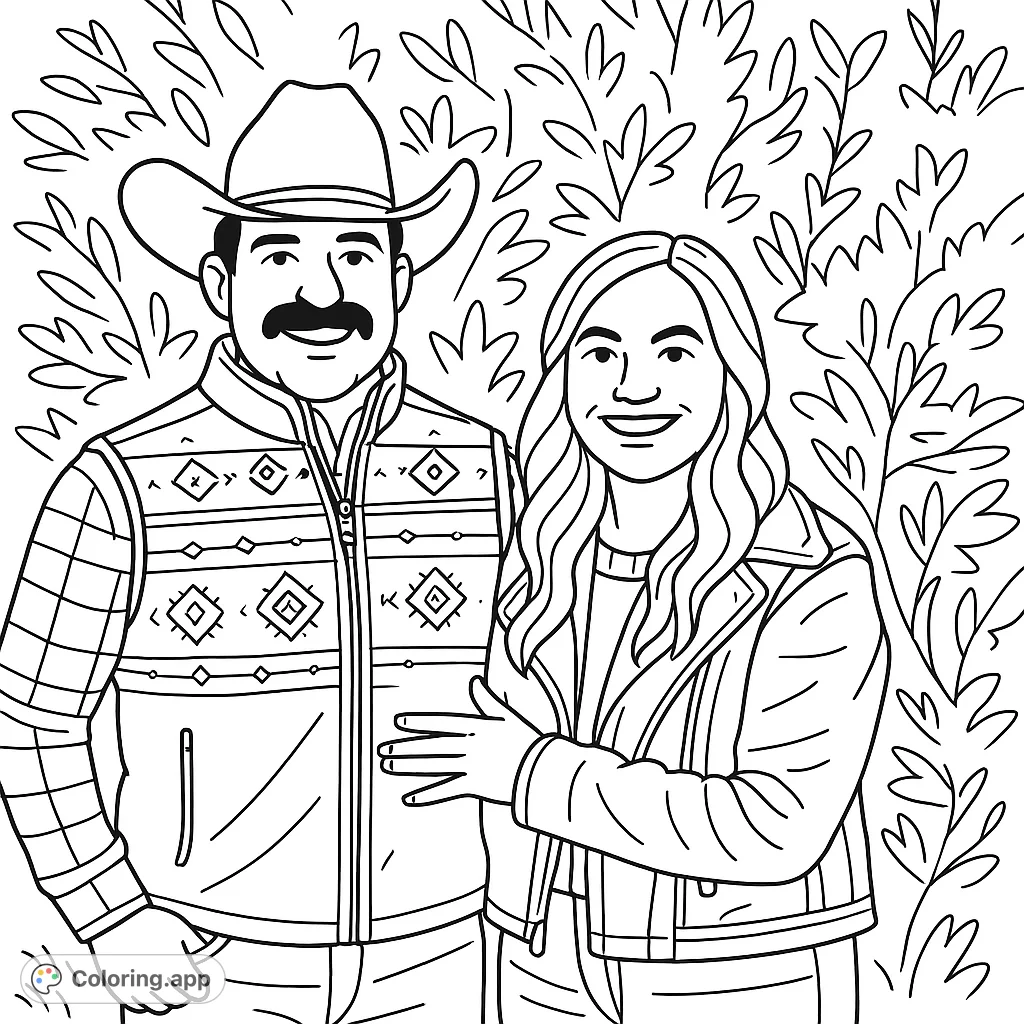 A charming couple in western-inspired clothing, standing together with smiles against a natural backdrop. Perfect for a personalized coloring experience.