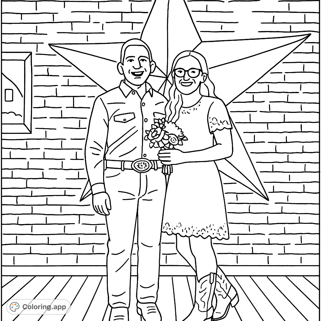 Celebrate love with this charming coloring page featuring a happy couple standing before a grand star. Perfect for anniversaries or special moments.