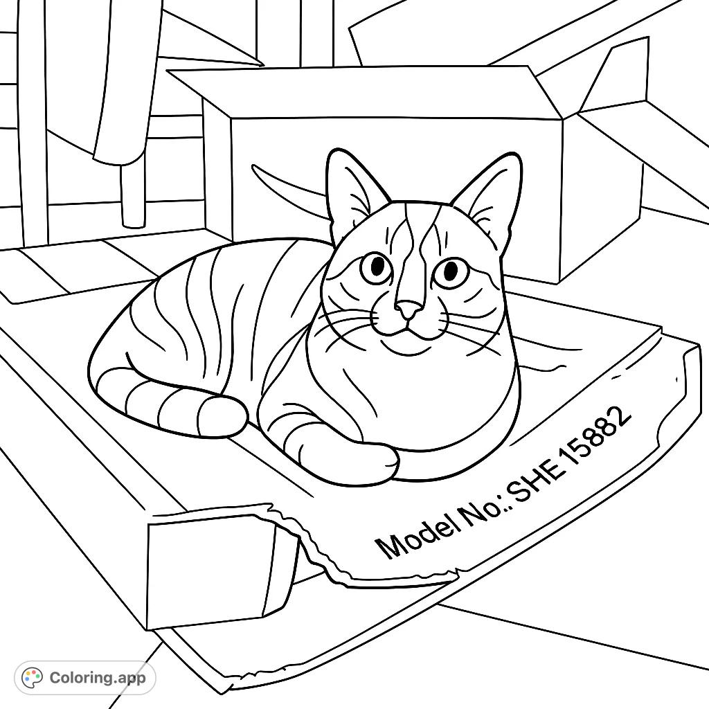 A charming cartoony cat rests cozily on a cardboard box, surrounded by more boxes. A delightful cat coloring page for kids, perfect for creative fun.