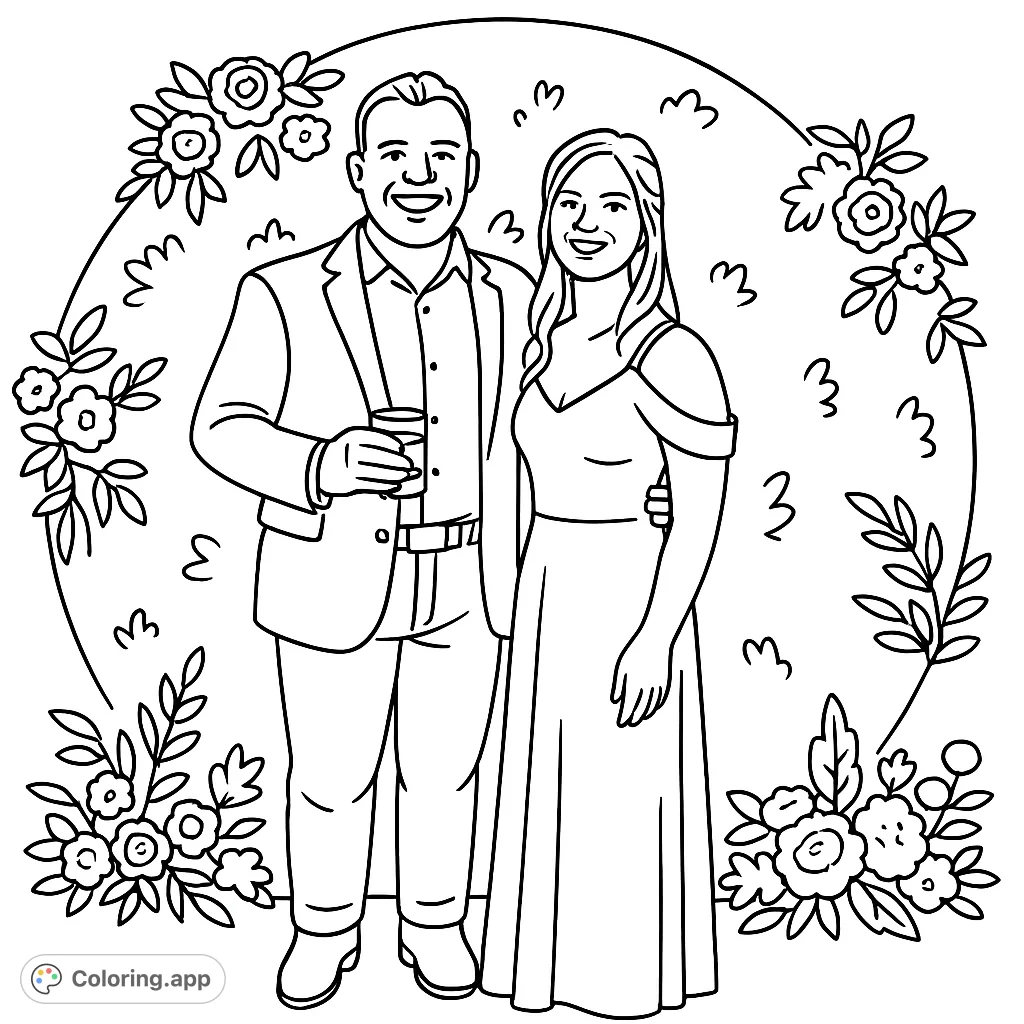 A happy couple stands before a beautiful floral and moss arch, perfect for celebrating special moments. A simple, cartoony design for all ages.