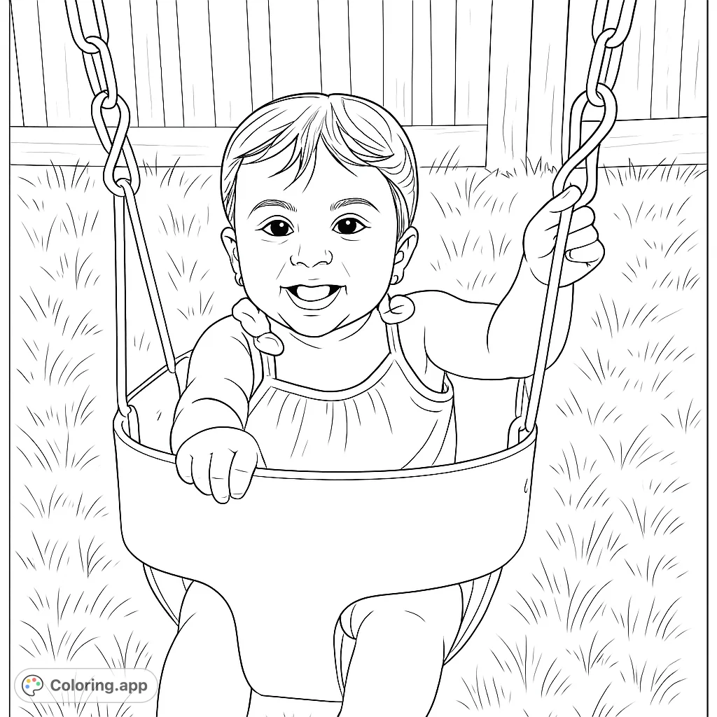 Capture the joy of childhood with this adorable baby swing coloring page. Perfect for little ones and parents alike to add vibrant hues to a happy scene.