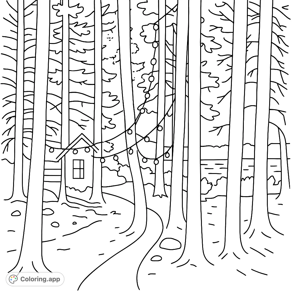 Explore a serene forest scene with a charming cabin, winding path, and whimsical string lights. A perfect free printable coloring page for relaxation.