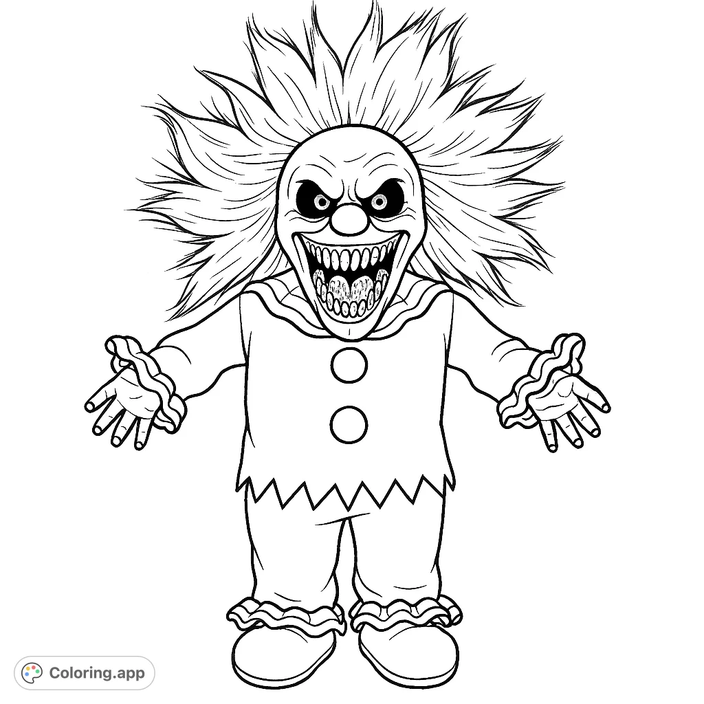 A chilling creepy clown figure with a menacing grin and wild, spiky hair, perfect for a spooky coloring challenge. A free printable horror coloring page for adults.