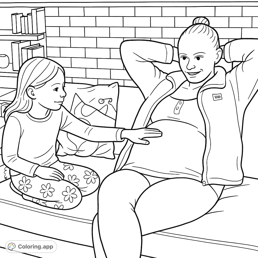 A heartwarming scene of a young girl gently touching a pregnant woman's belly, capturing a moment of anticipation and connection.