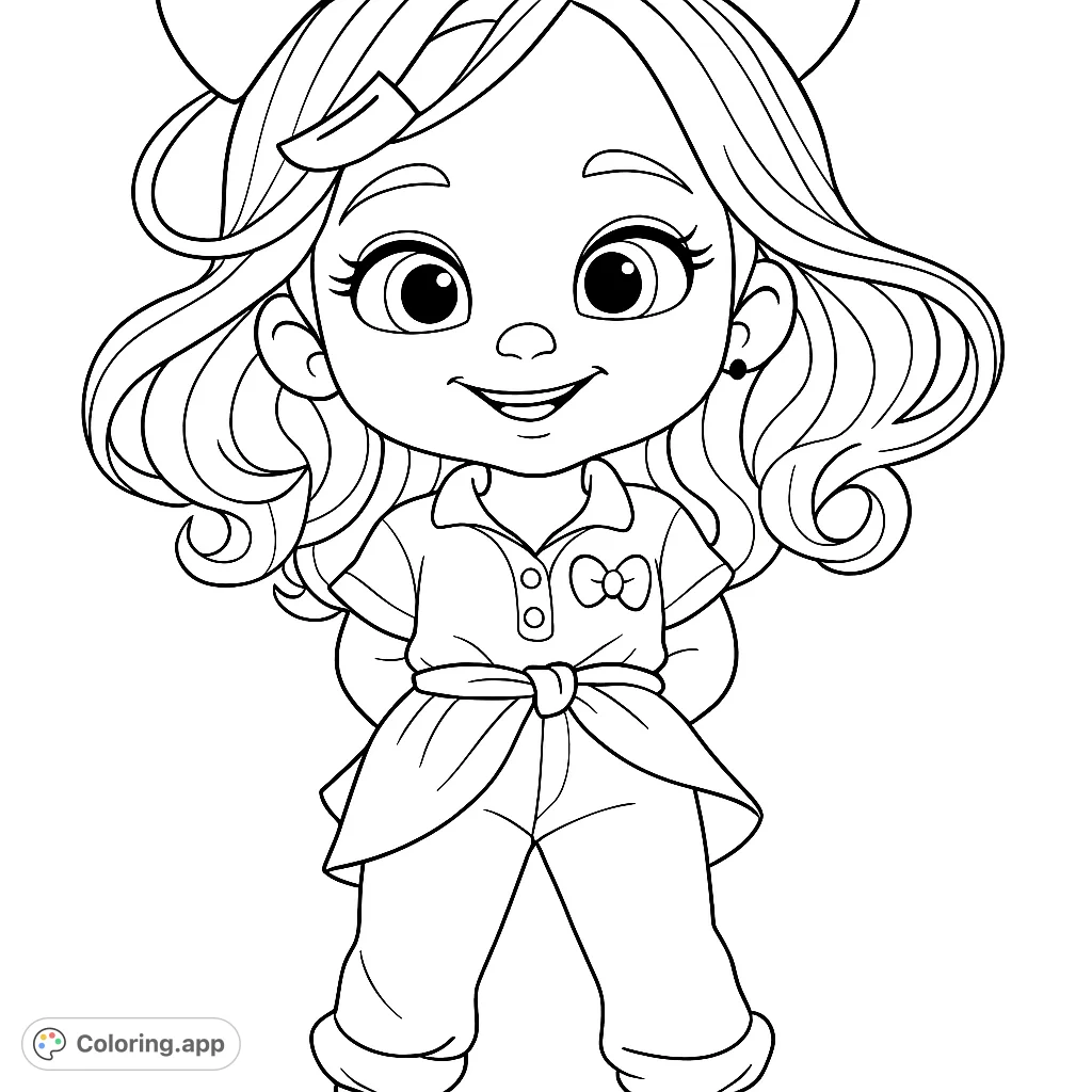 A delightful coloring page featuring a cheerful stylized girl with a big bow, ready for creative expression. Perfect for young artists.