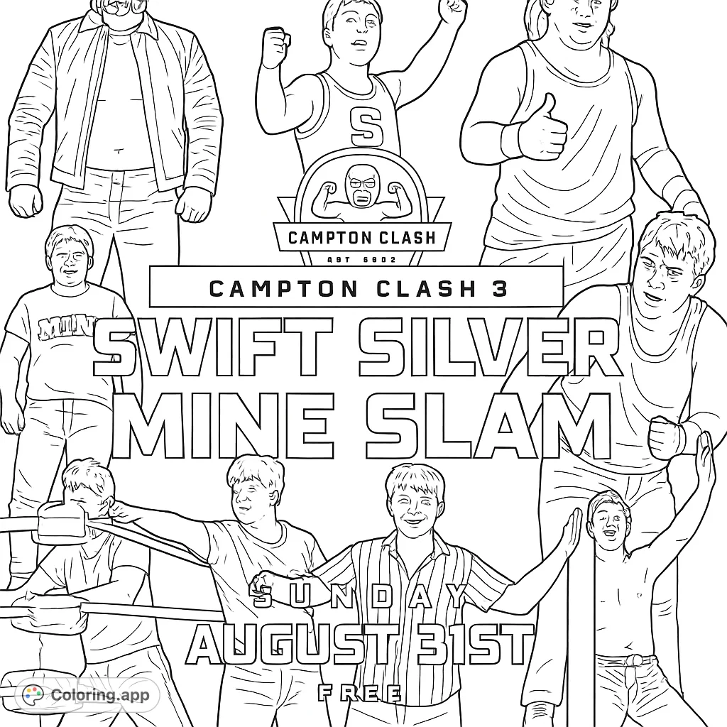 Dive into the thrilling world of wrestling with this dynamic coloring page featuring multiple athletes, a referee, and intense action in the ring.
