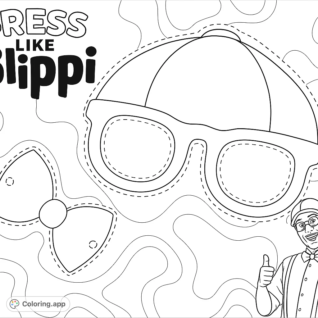 Color and create your own Blippi-inspired dress-up accessories! Features a cap, glasses, and bow tie for imaginative play and fun.