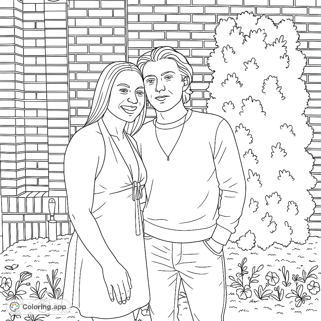 A heartwarming portrait of a smiling couple standing against a brick wall and lush shrubbery, perfect for a romantic coloring page.