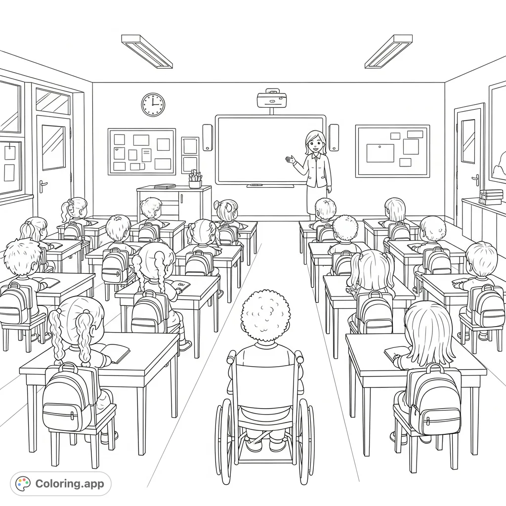 A lively kindergarten classroom at day's end, featuring diverse students with backpacks at desks, a student in a wheelchair, and a teacher by an interactive whiteboard.