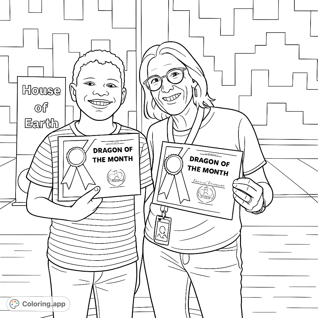 Celebrate achievement with this heartwarming coloring page featuring a smiling boy and woman holding certificates. Perfect for recognizing success and community spirit.