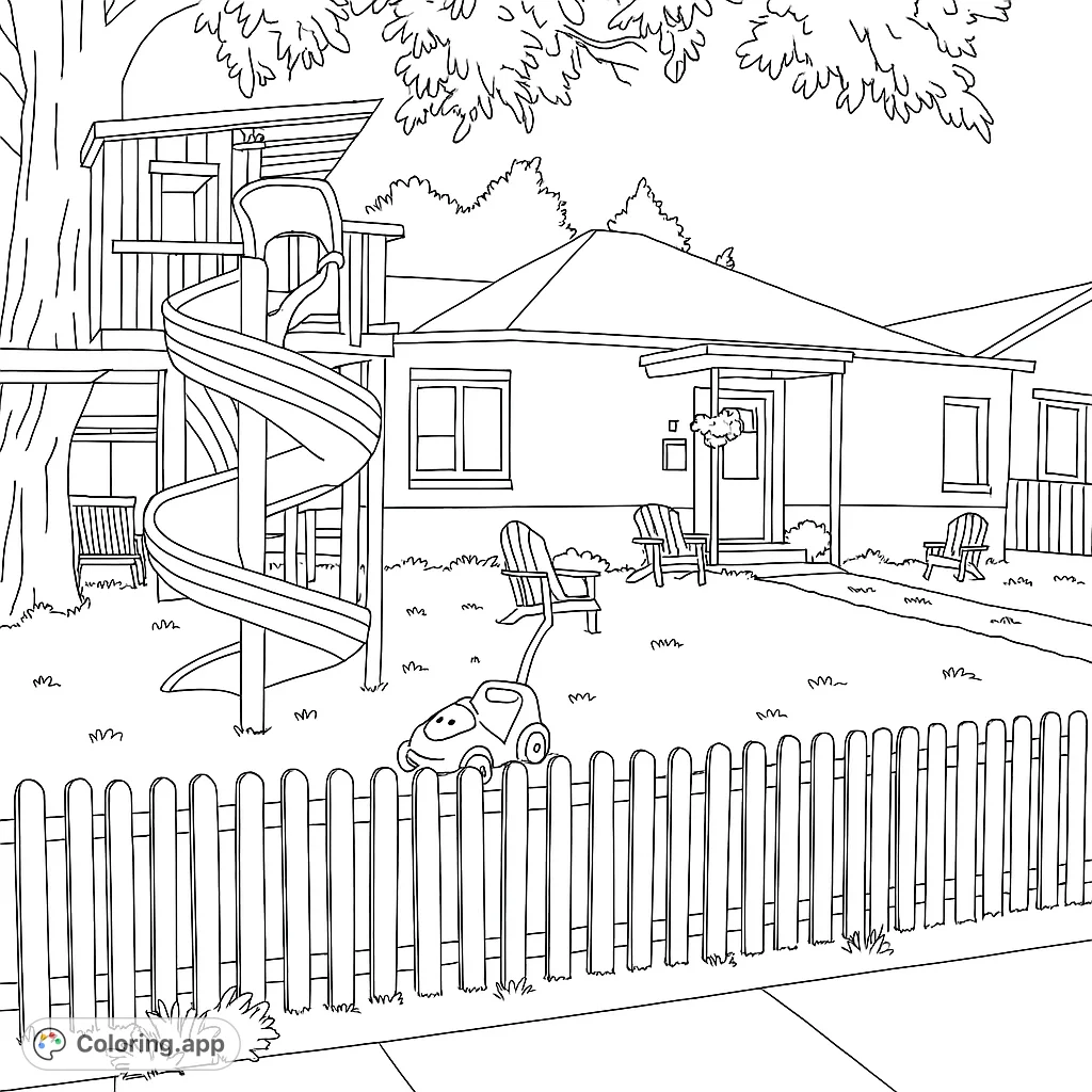 Explore a charming backyard scene featuring a fun treehouse with a spiral slide, a cozy house, and playful elements. Perfect for imaginative coloring!