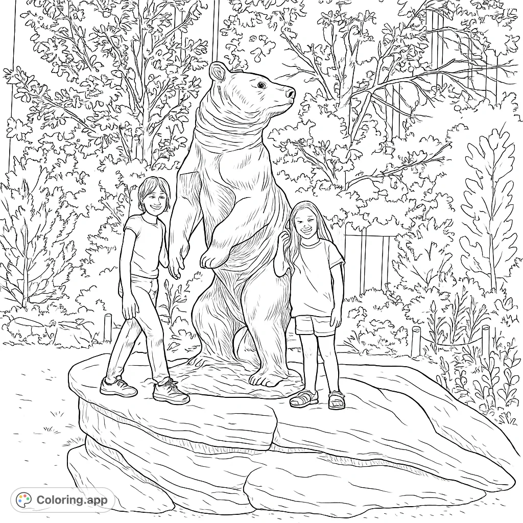 Color a majestic bear statue with two cheerful girls on a rocky base, surrounded by lush trees. A fun and detailed scene for creative expression.