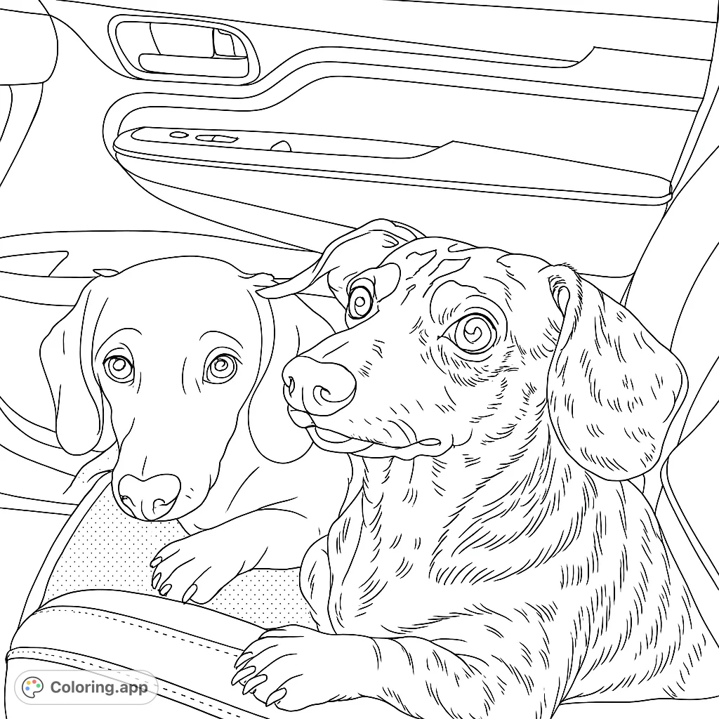 An adorable dachshund duo enjoys a car ride, ready for adventure. Perfect for dog lovers and those who appreciate detailed pet portraits.