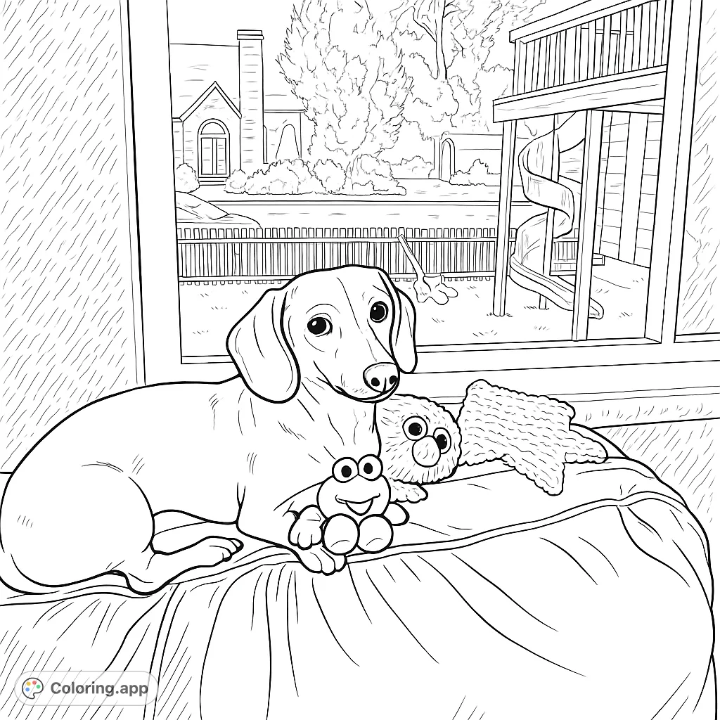 A charming dachshund rests by a window with its toys, overlooking a lively outdoor scene. A delightful dog coloring page for all ages.