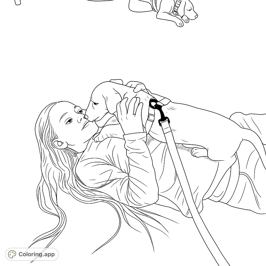 A heartwarming scene of a girl embracing a sweet puppy, with another dog resting nearby. Perfect for animal lovers and a relaxing coloring experience.