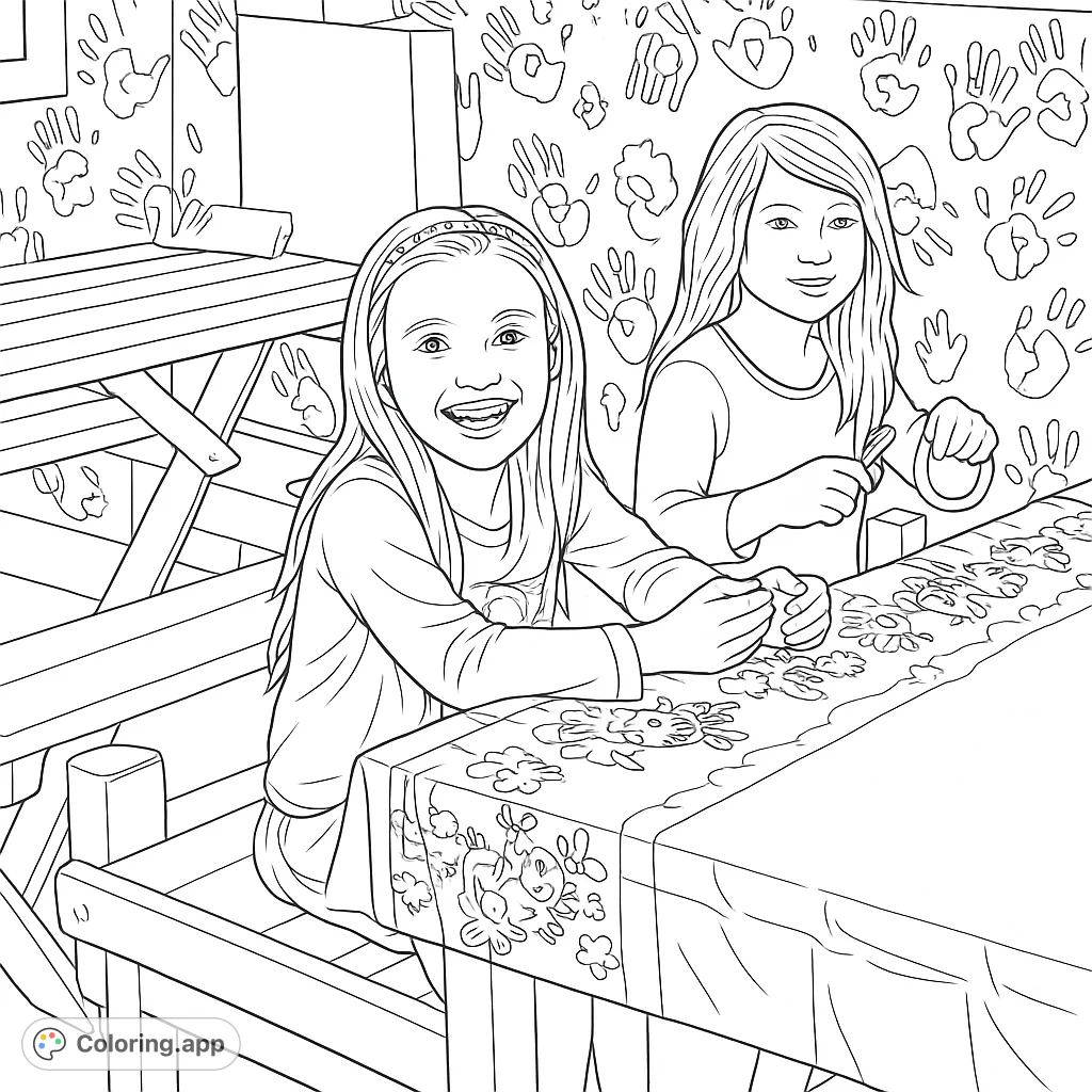A joyful coloring page featuring two smiling girls at a party table with a fun patterned tablecloth and a lively handprint-covered wall.