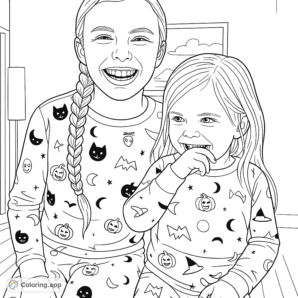 Two joyful sisters in festive pajamas, featuring pumpkins, bats, and cats. A delightful Halloween-themed coloring page for kids to enjoy.