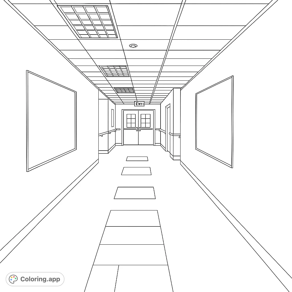 Explore a realistic hallway with intricate floor and ceiling patterns, offering a unique perspective challenge for a free printable hallway coloring page.