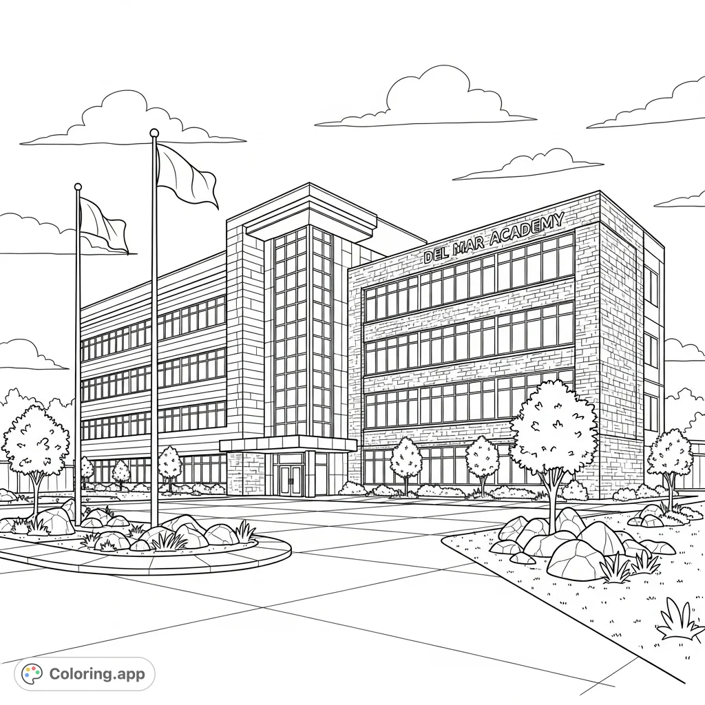 Explore a detailed modern school building with varied textures, flagpoles, and landscaping. A free printable architectural coloring page for all ages.