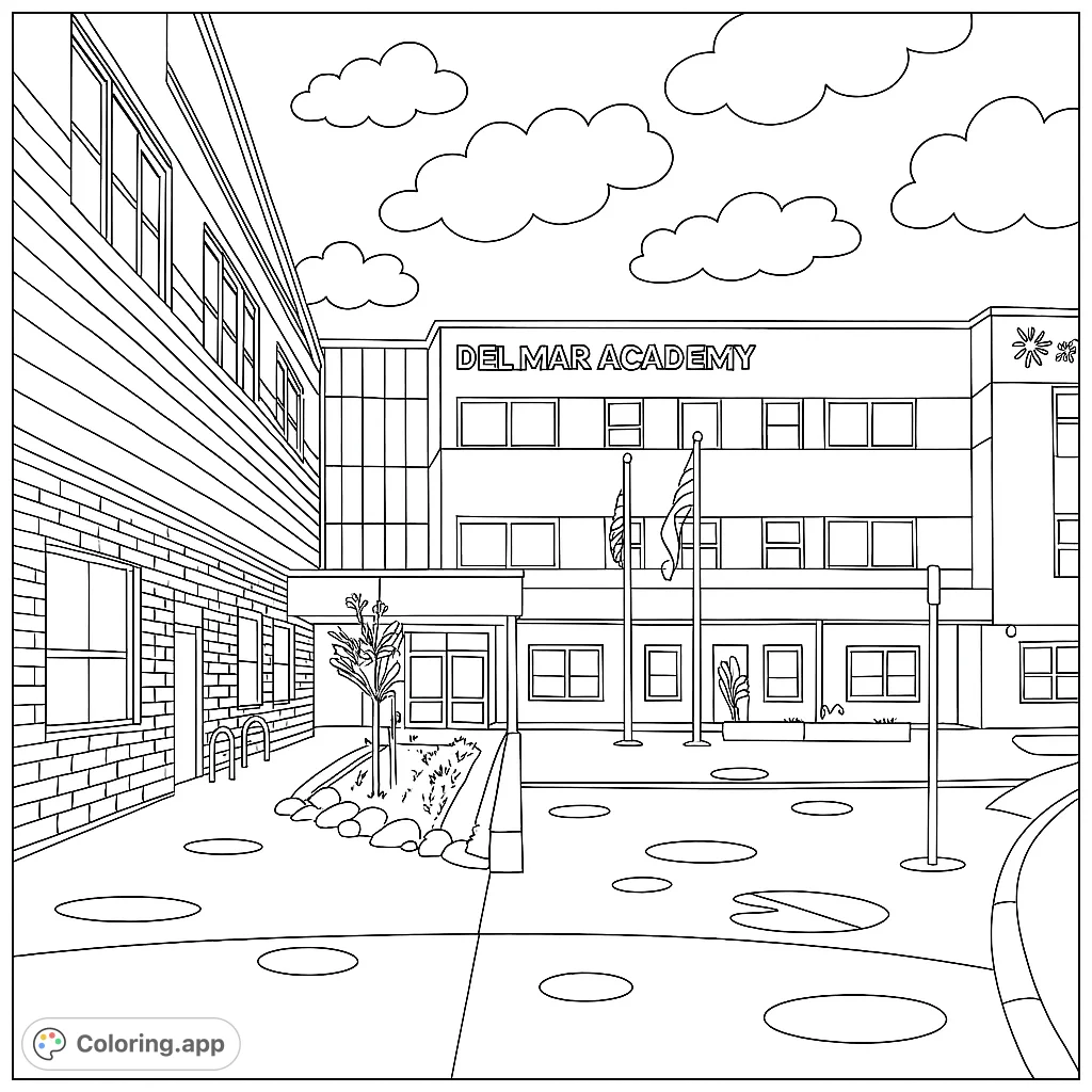 Explore a detailed modern school building exterior coloring page, featuring architectural elements, flagpoles, and a welcoming courtyard. Perfect for all ages.