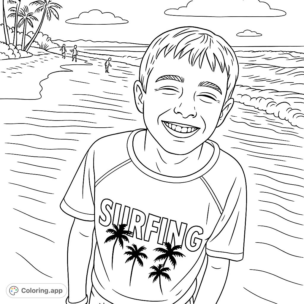 A cheerful boy enjoys a sunny day at the beach, ready for a fun coloring adventure. Features a sandy shore, gentle waves, and palm trees.