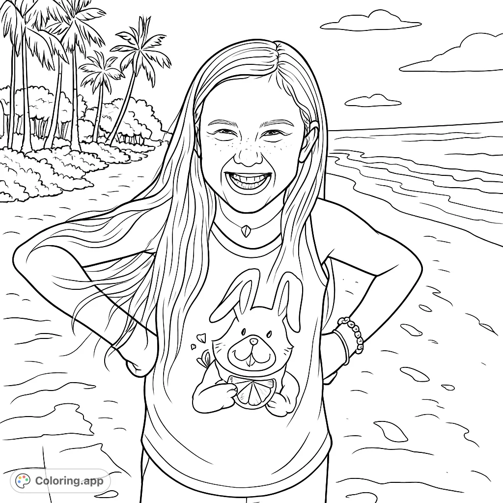 A cheerful girl with a playful dog shirt poses on a sunny beach, surrounded by ocean waves and palm trees, ready for a creative coloring adventure.