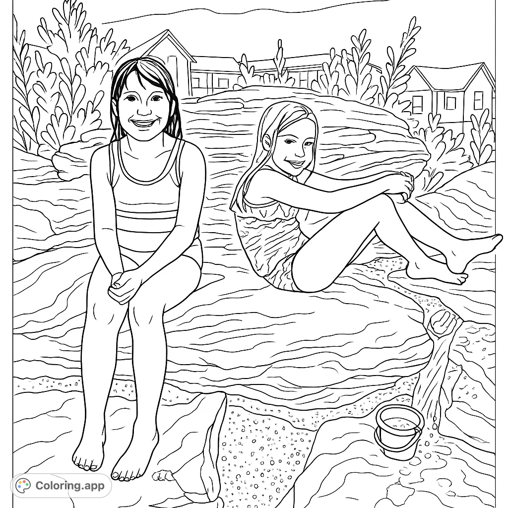 Two smiling girls enjoy a sunny day, sitting on textured rocks by flowing water, with a playful background. A perfect summer fun coloring page for kids.