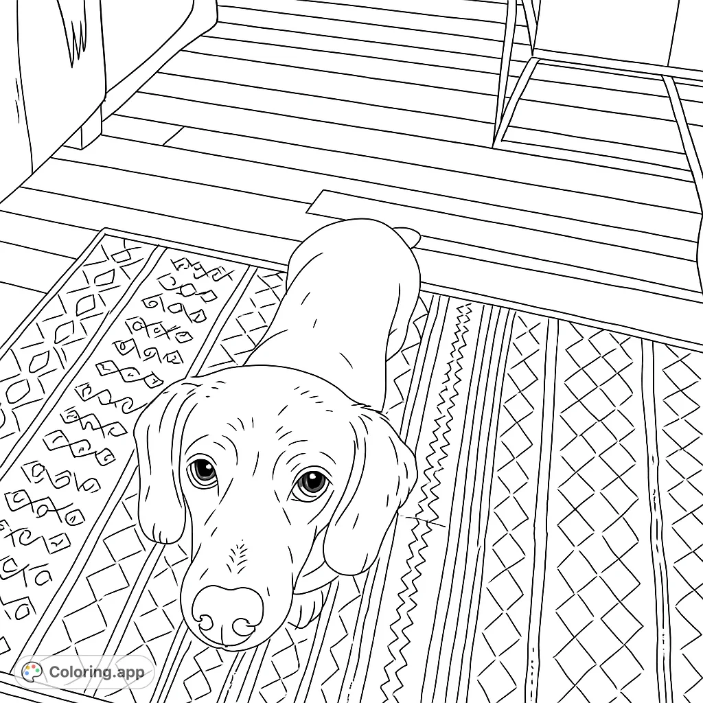 A charming long-bodied dog lies on a patterned rug, looking up with expressive eyes. A delightful scene for dog lovers to color and personalize.