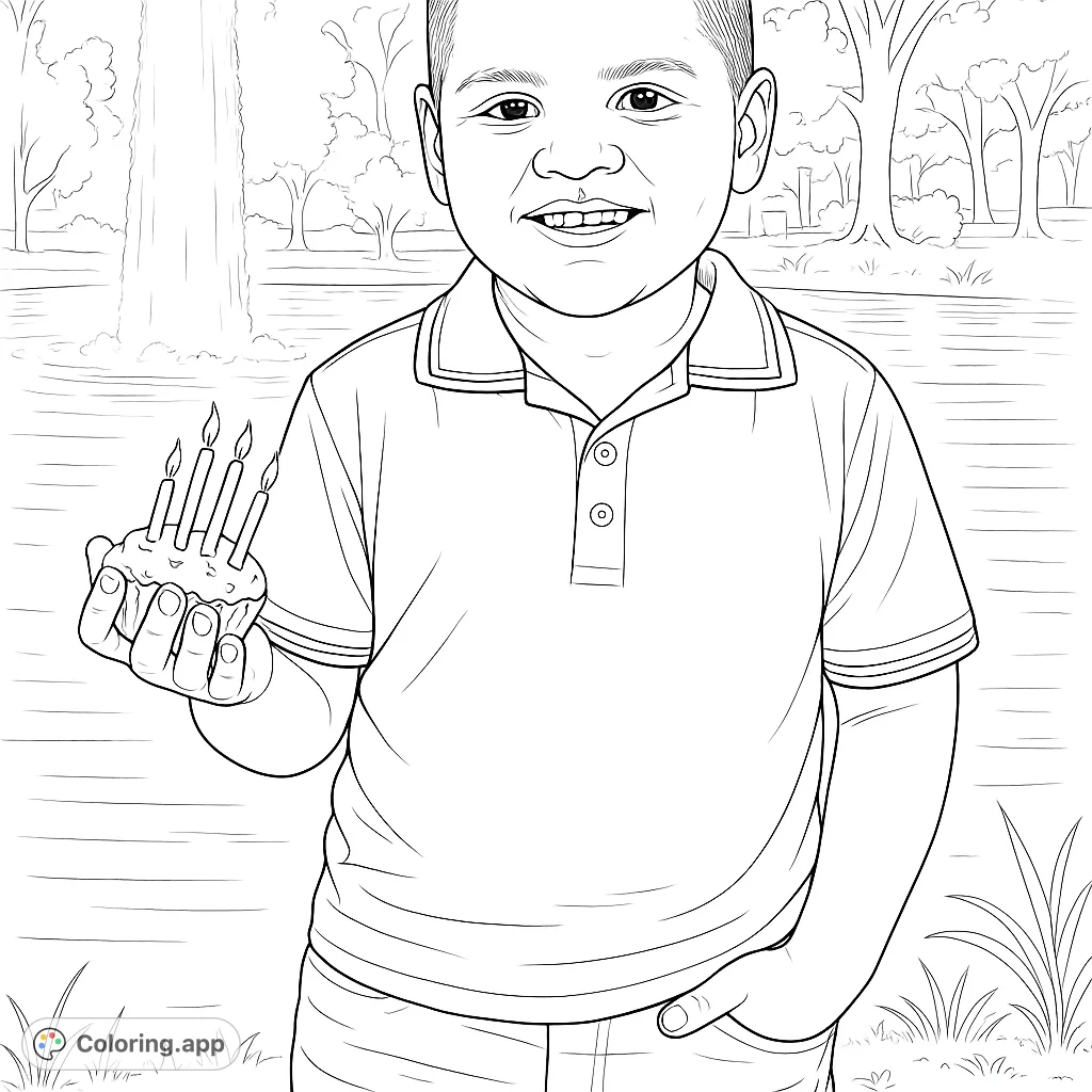 A cheerful boy holds a birthday cupcake with candles, standing by a scenic lake with a fountain and trees. A delightful scene for celebration.