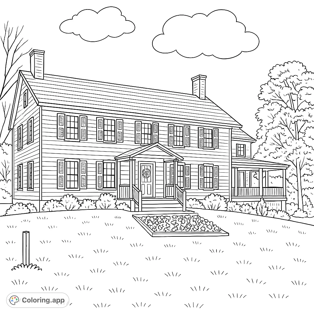 Explore a picturesque countryside house coloring page, featuring a grand home, lush lawn, and vibrant flower beds under a cloudy sky. Perfect for all ages!
