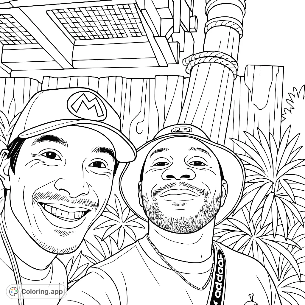 A cheerful coloring page featuring two smiling friends in a lively theme park setting, perfect for adding vibrant hues to their adventure.
