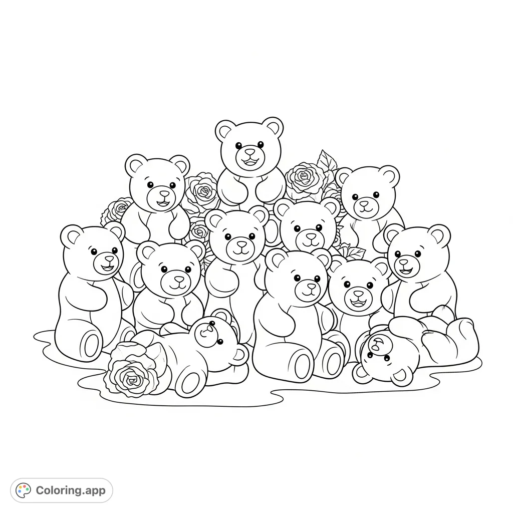 A charming gummy bear coloring page featuring a playful group of sweet, rounded bears in various poses, perfect for a fun and delightful coloring experience.