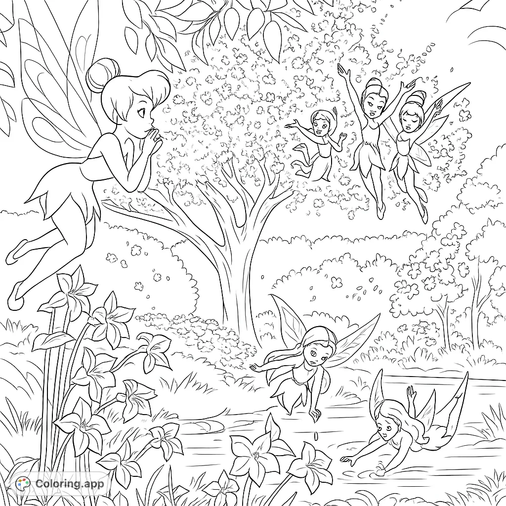 Enter a whimsical fairy garden with flying fairies, blooming flowers, and a sparkling stream. A magical scene perfect for imaginative coloring adventures.