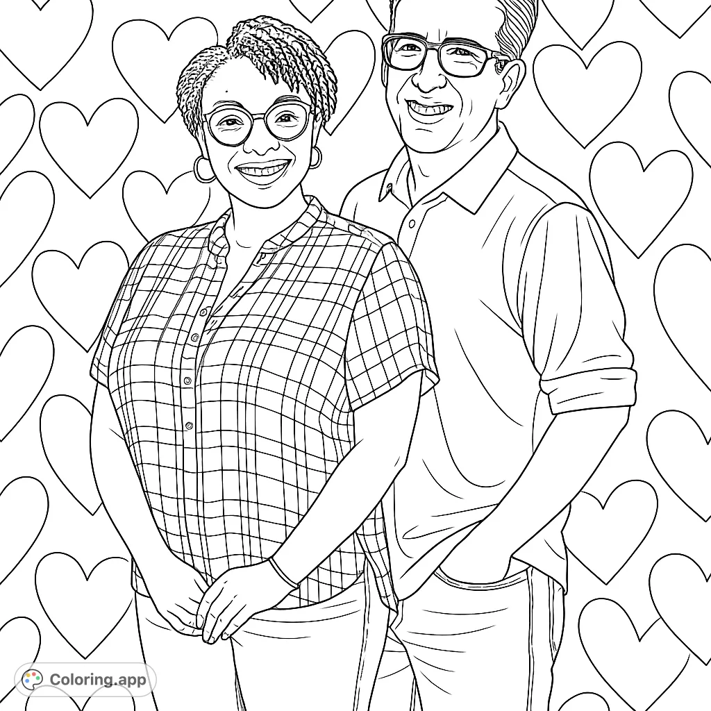 A heartwarming coloring page featuring a smiling couple against a backdrop of charming heart shapes. Perfect for celebrating love and connection with creative colors.