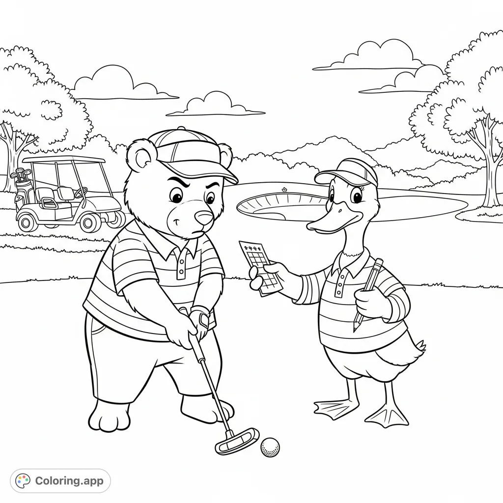 Join a determined bear and his duck caddy on the golf course! This charming scene features animal friends enjoying a round of golf on a sunny day.