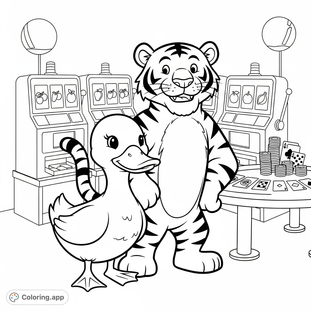 Join a cutesy duck and a confident tiger at a lively casino! This free printable casino animals coloring page is perfect for fun and imagination.