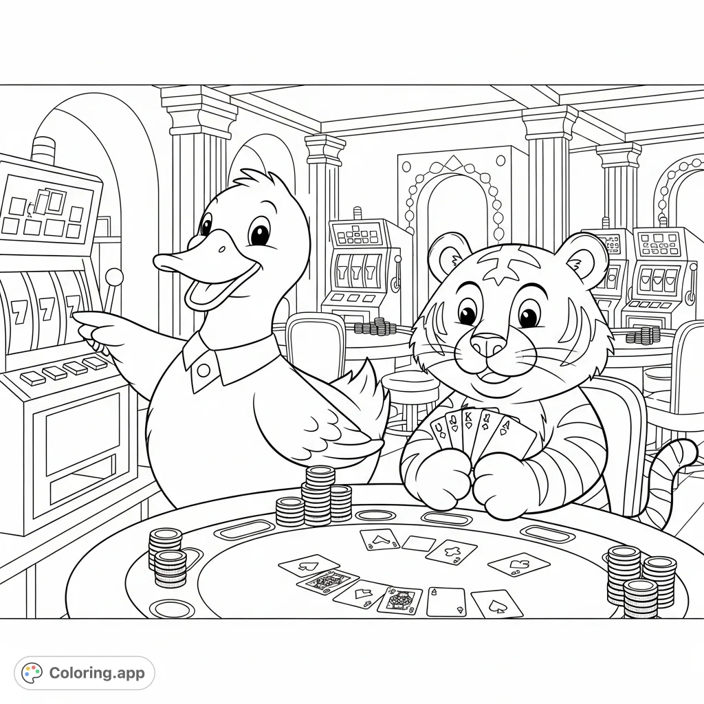 A charming duck and a friendly tiger enjoy a day at a bustling casino, featuring simple shapes and clear outlines for easy coloring fun.