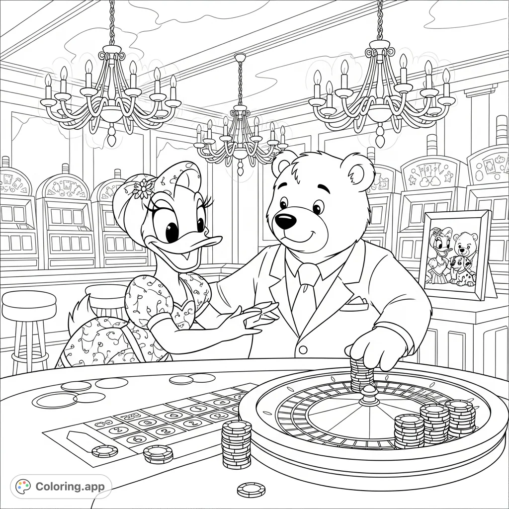 A charming duck and bear duo enjoy a lively casino night, with roulette, slot machines, and a sentimental framed photo. Perfect for a fun coloring challenge!