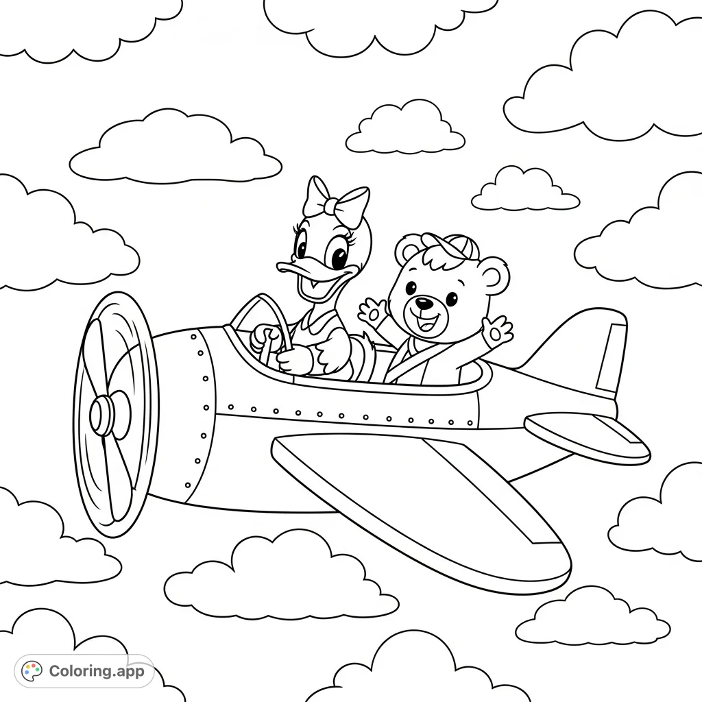 Join a cheerful girl duck and a friendly boy bear on a whimsical airplane adventure through fluffy clouds. A delightful, easy-to-color scene for young artists!