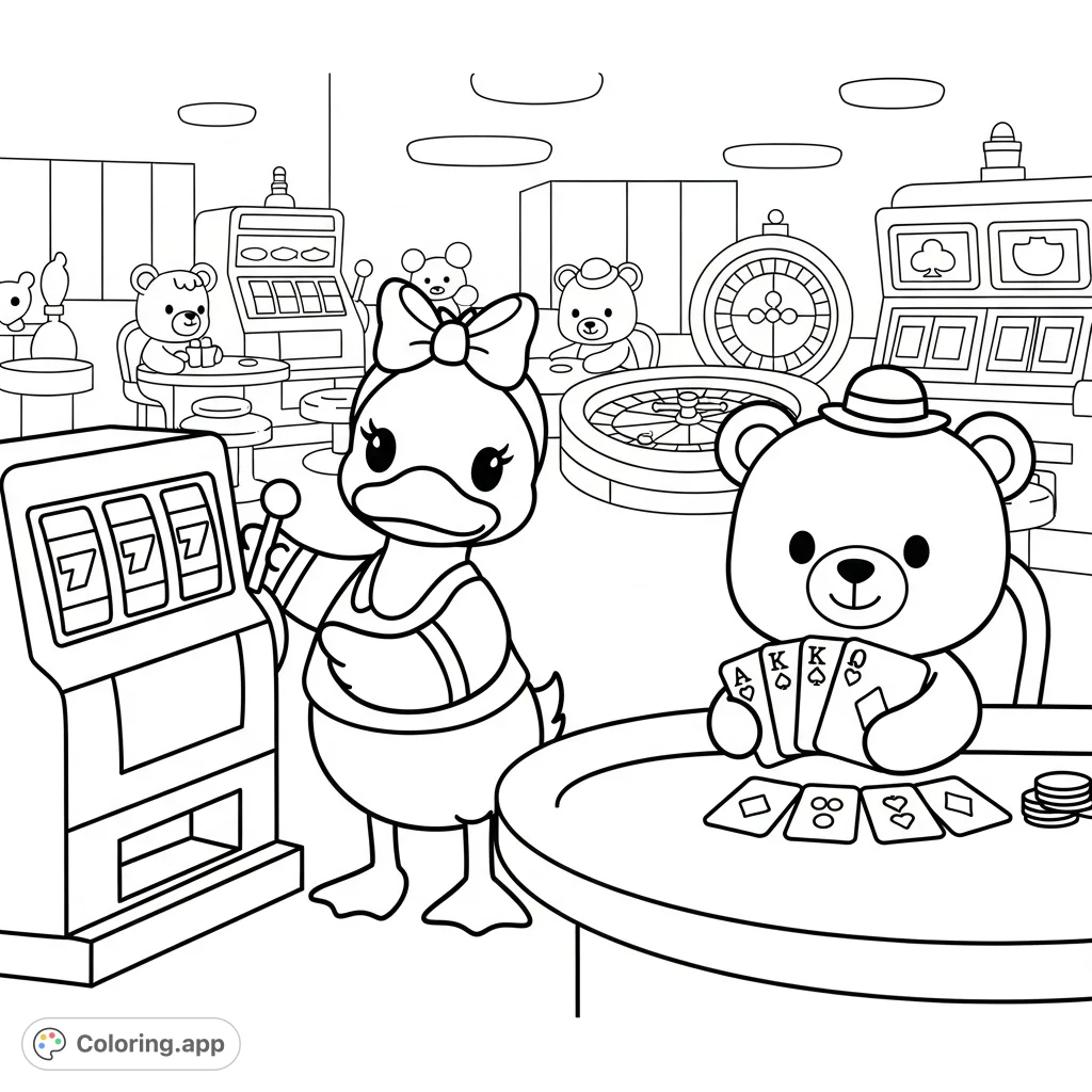 Join a charming girl duck and a boy bear for a whimsical adventure in a simplified casino setting. Perfect for a fun, easy coloring experience.