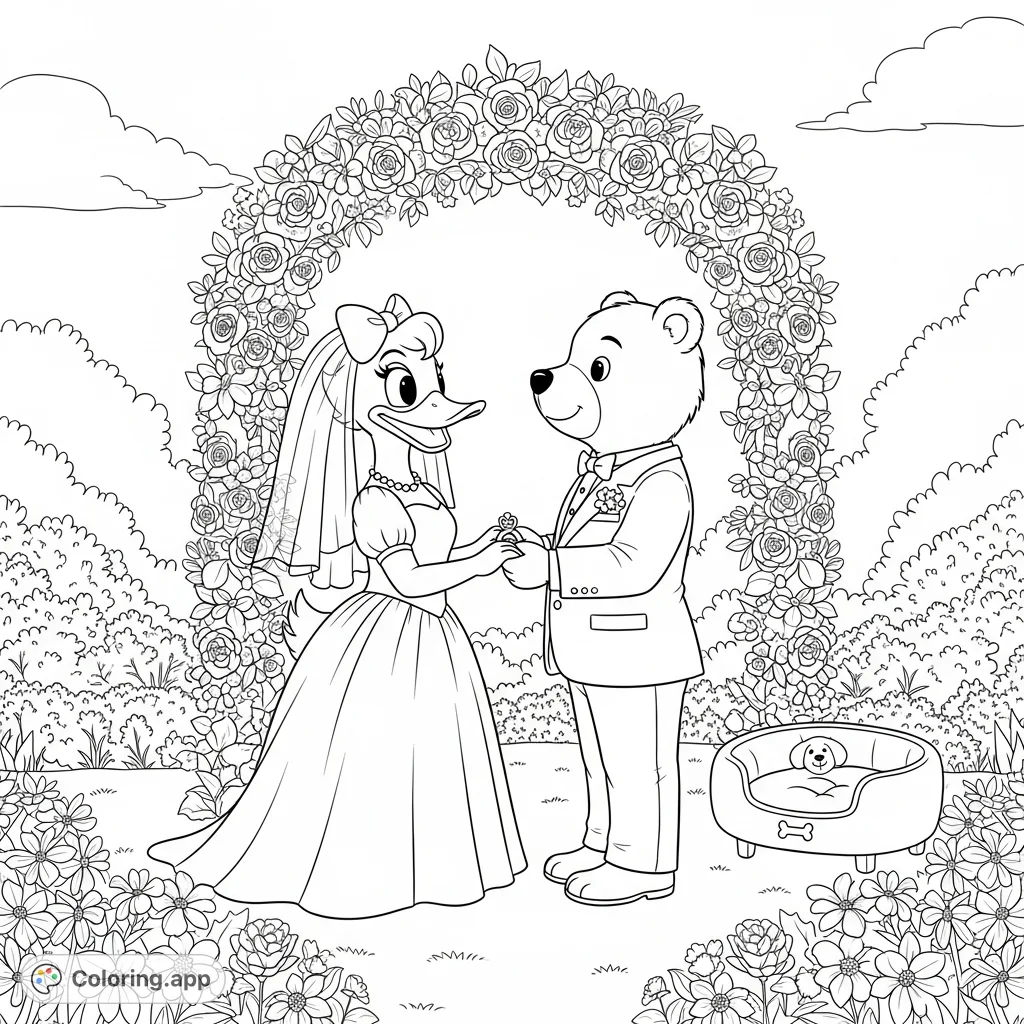 Celebrate love with this charming wedding coloring page featuring a duck and bear exchanging vows under a floral arch in a sunlit garden.