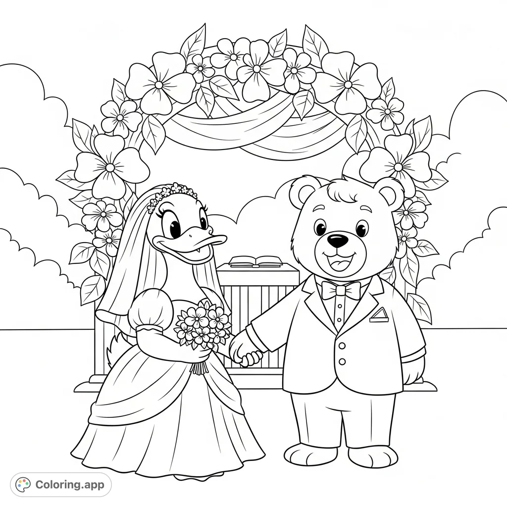 Celebrate love with this adorable cartoon coloring page featuring a girl duck and a boy bear on their wedding day. Simple lines for easy coloring fun!