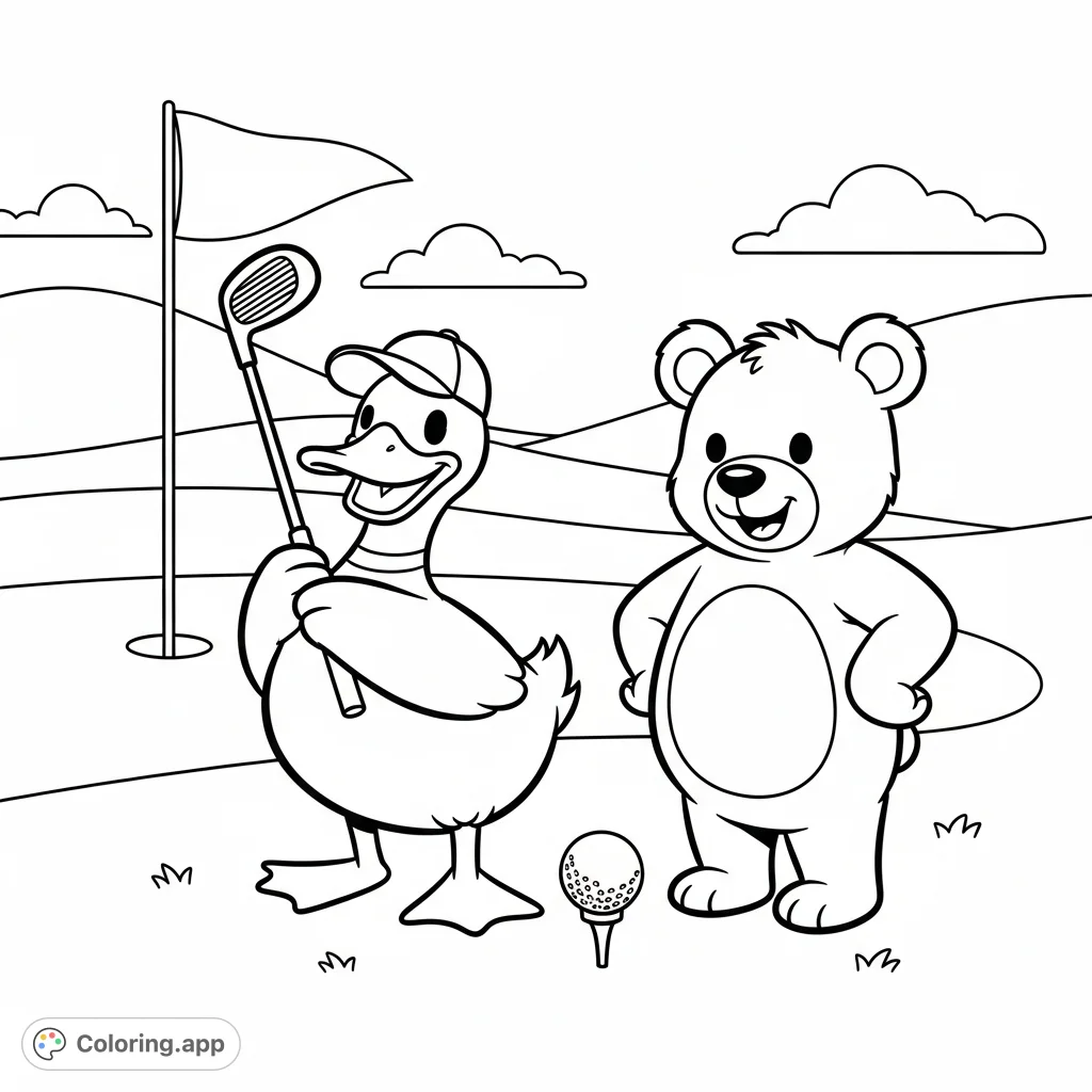 Join a cheerful cartoon duck and bear for a fun round of golf! This delightful scene features simple, bold lines perfect for young colorists.