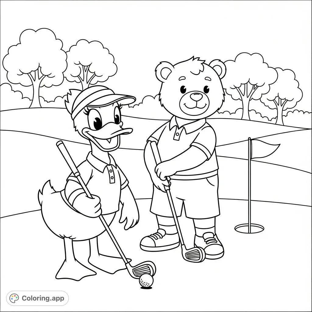 Join a cheerful girl duck and a friendly boy bear for a fun day on the golf course! This cutesy cartoon scene is perfect for young colorists.