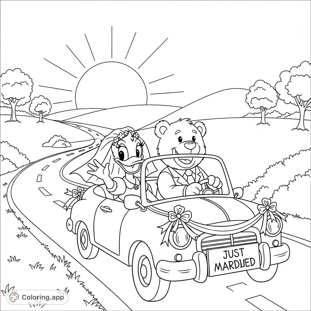 Join a sweet girl duck and boy bear on their 'Just Married' adventure! A charming cartoon scene perfect for celebrating love and new beginnings.