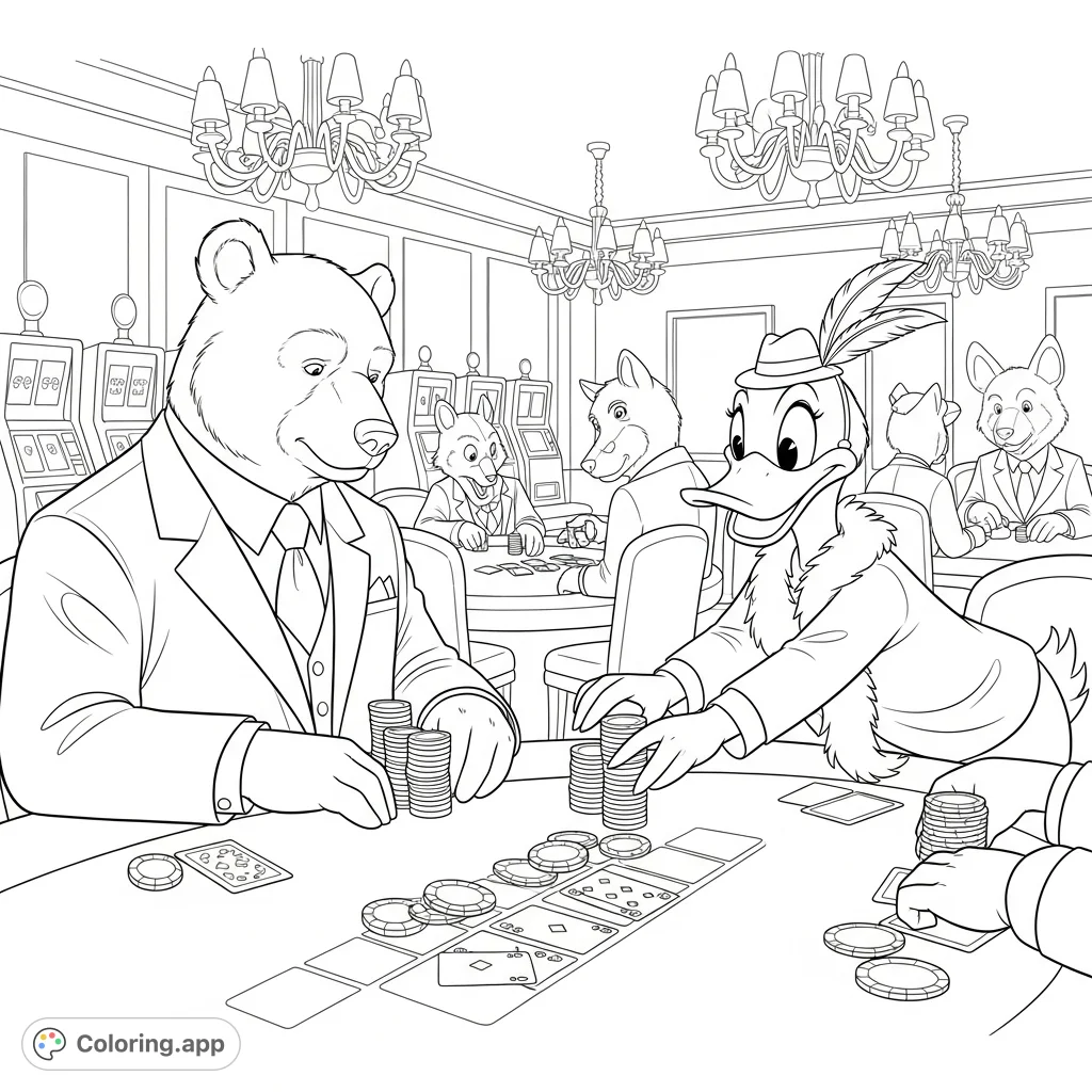 A sophisticated bear and a mischievous duck play poker in a bustling casino, surrounded by other anthropomorphic animals and glowing slot machines.