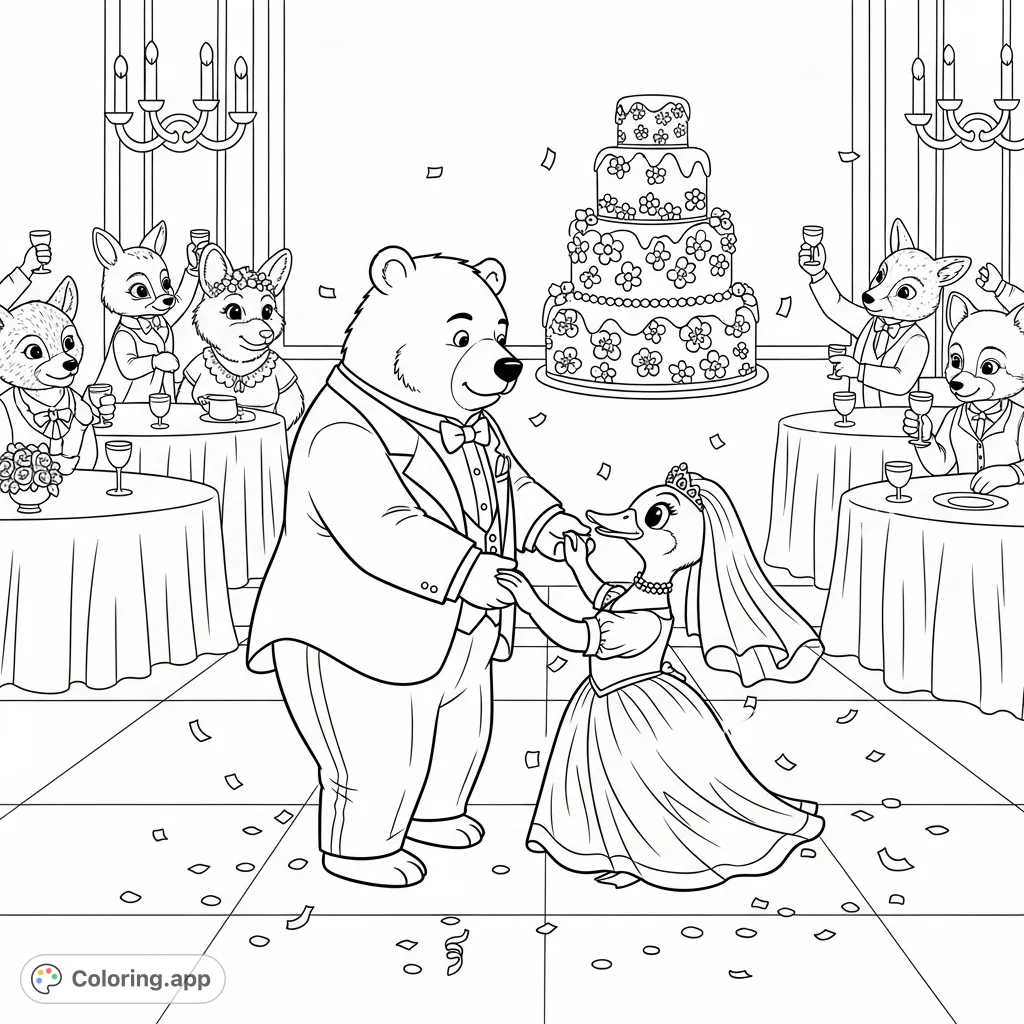 Witness a charming bear in a tuxedo dancing with a duck in a bridal gown on a polished ballroom floor, surrounded by woodland guests and a grand wedding cake.